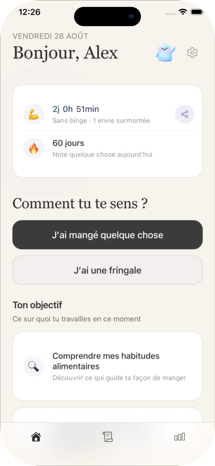 Écran d’accueil de CraveLog avec le bilan du jour