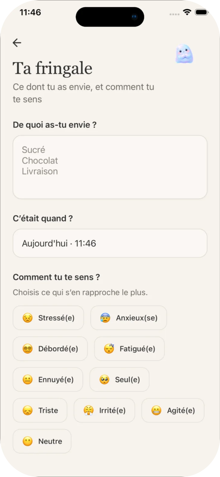 Ajout d’une fringale avec l’émotion associée